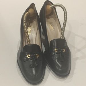 Like New Ladies Black Heeled Loafers Sz. 38.5 All Leather